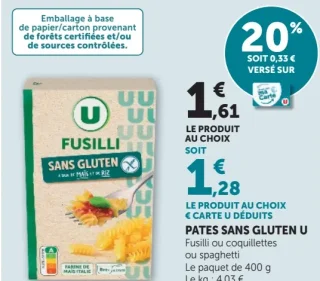 Pâtes sans gluten U (Fusilli, coquillettes ou spaghetti)