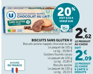 Biscuits sans gluten U (Avoine nappés chocolat au lait, Goûters fourrés cacao ou Biscuits avoine)