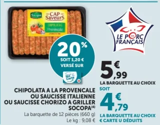 Chipolata à la provençale, saucisse italienne ou saucisse chorizo à griller Socopa