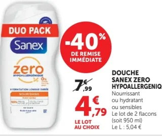 DOUCHE SANEX ZERO HYPOALLERGENIQUE Nourrissant ou hydratant ou sensibles