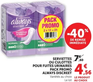 Serviettes ou culottes pour fuites urinaires Pack Promo Always Discreet