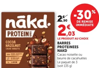 Barres Proteinees Nakd Cacao noisette ou beurre de cacahuètes