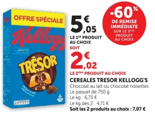 Cereales Tresor Kellogg's Chocolat au lait ou chocolat noisettes