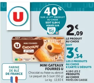 Mini Gateaux Fourres U Chocolat ou fraise ou abricot