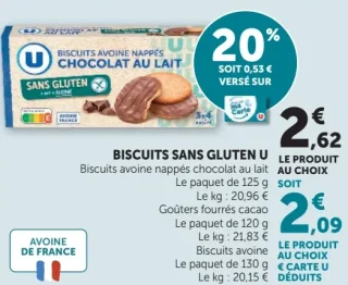 Biscuits sans gluten U (Avoine nappés chocolat au lait / Goûters fourrés cacao / Biscuits avoine)