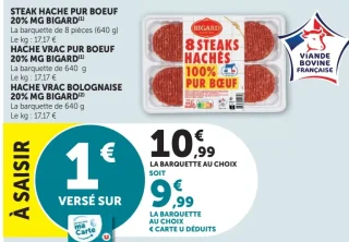Steak haché pur boeuf 20% MG Bigard ou haché vrac ou haché bolognaise