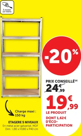Étagère 5 niveaux en métal acier galvanisé, MDF