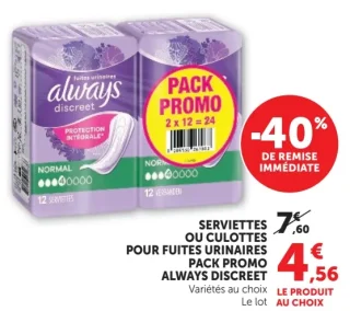 Serviettes ou culottes pour fuites urinaires Always Discreet Pack Promo