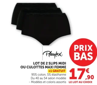 Lot de 2 slips midi ou culottes maxi femme Playtex +1 Gratuit