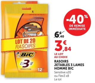 Rasoirs jetables 3 lames homme Bic Sensitive x20 ou Flex3 x8
