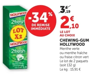 Chewing-gum Hollywood Menthe verte, menthe fraîche ou fraise citron vert