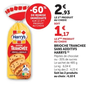 Brioche tranchée sans additifs Harrys Pépites de chocolat ou -30% de sucres