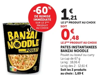 PATES INSTANTANEES BANZAI NOODLE Poulet ou boeuf ou curry