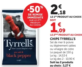 CHIPS TYRRELL'S Sel de mer & poivre ou légèrement salées ou vinaigre de cidre