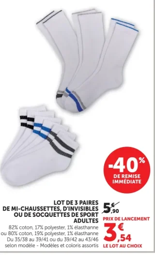 Lot de 3 paires de mi-chaussettes, d'invisibles ou de socquettes de sport adultes U Collection