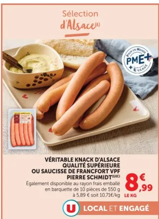 Véritable Knack d'Alsace qualité supérieure ou Saucisse de Francfort VPF Pierre Schmidt