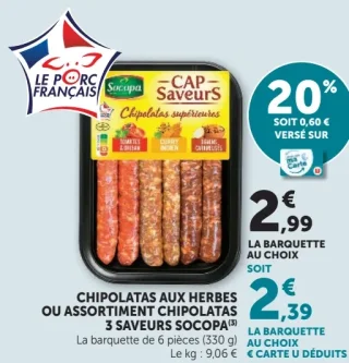 Chipolatas aux herbes ou assortiment chipolatas 3 saveurs Socopa