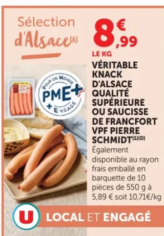 Véritable knack d'Alsace de qualité supérieure ou Saucisse de Francfort Pierre Schmidt