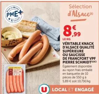 Véritable knack d'Alsace de qualité supérieure ou saucisse de Francfort VPF Pierre Schmidt