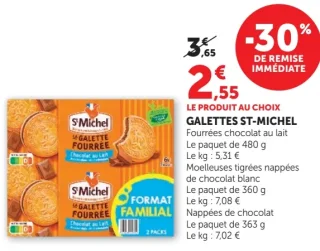 Galettes St-Michel Fourrées chocolat au lait ou Moelleuses tigrées nappées de chocolat blanc ou Nappées de chocolat