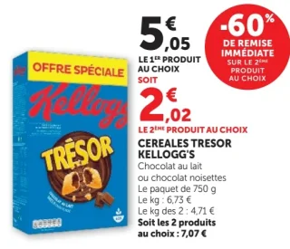 Cereales Tresor Kellogg's Chocolat au lait ou chocolat noisettes