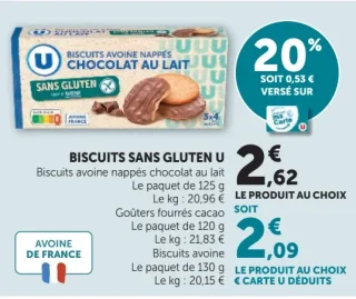 Biscuits sans gluten U Biscuits avoine nappés chocolat au lait ou Goûters fourrés cacao ou Biscuits avoine
