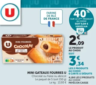 Mini gâteaux fourrés U Chocolat ou fraise ou abricot