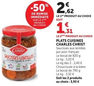 Plats cuisinés Saucisses lentilles ou Choucroute à la bière Charles Christ