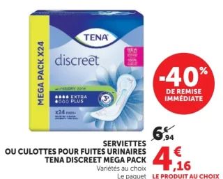 Serviettes ou culottes pour fuites urinaires Tena Discreet Mega Pack