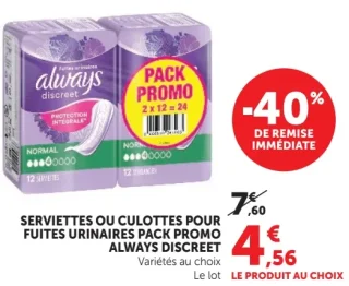 Serviettes ou culottes pour fuites urinaires Pack Promo Always Discreet
