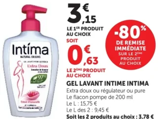 Gel lavant intime Intima Extra doux ou régulateur ou pure