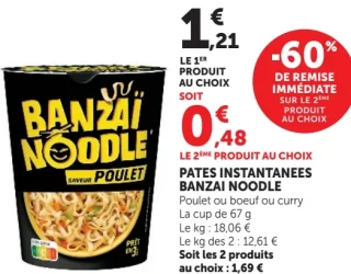 Pates Instantanees Banzai Noodle Poulet ou boeuf ou curry