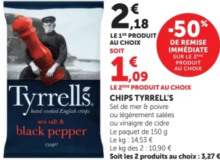 Chips Tyrrell's Sel de mer & poivre ou légèrement salées ou vinaigre de cidre