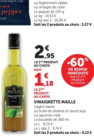 Vinaigrette Maille Légère basilic ou huile de sésame et sauce soja ou agrumes miel