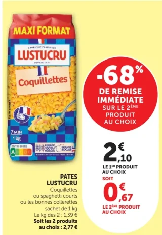Pates Lustucru Coquillettes ou spaghetti courts ou les bonnes collerettes