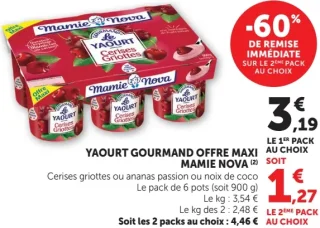 Yaourt gourmand offre maxi Mamie Nova Cerises griottes ou ananas passion ou noix de coco