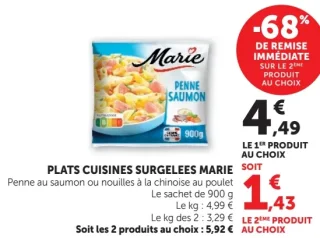 PLATS CUISINES SURGELEES MARIE Penne au saumon ou nouilles à la chinoise au poulet