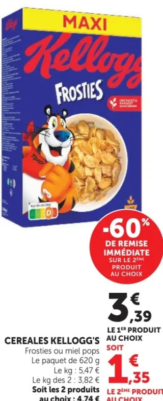 Céréales Frosties ou Miel Pops Kellogg's