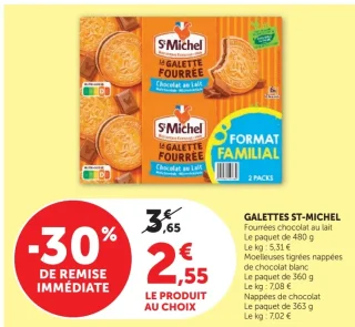 Galettes St-Michel Fourrées chocolat au lait / Moelleuses tigrées nappées de chocolat blanc / Nappées de chocolat