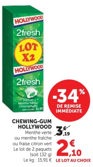CHEWING-GUM HOLLYWOOD 2fresh Menthe verte ou menthe fraîche ou fraise citron vert