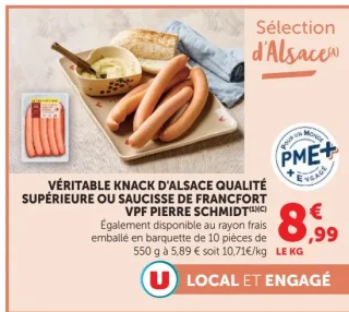 Véritable Knack d'Alsace Qualité Supérieure ou Saucisse de Francfort VPF Pierre Schmidt