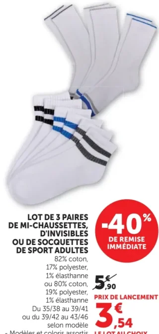 Lot de 3 paires de mi-chaussettes, d'invisibles ou de socquettes de sport adultes