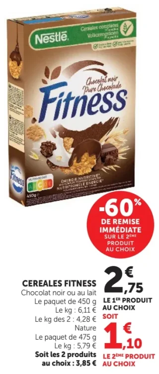 Cereales Fitness Nestlé Chocolat noir ou au lait / Nature