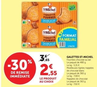 GALETTES ST-MICHEL Fourrées chocolat au lait, Moelleuses tigrées nappées de chocolat blanc ou Nappées de chocolat