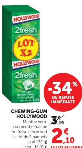 CHEWING-GUM HOLLYWOOD Menthe verte ou menthe fraîche ou fraise citron vert