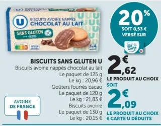 Biscuits avoine nappés chocolat au lait Sans Gluten U