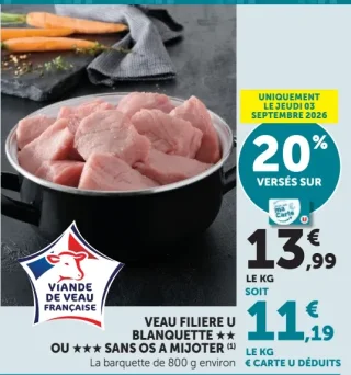 Veau Filière U Blanquette ** ou *** sans os à mijoter, la barquette de 800 g environ