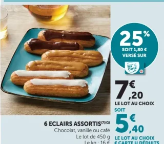 6 éclairs assortis (chocolat, vanille ou café)