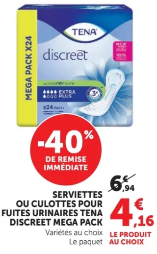 Serviettes ou culottes pour fuites urinaires Tena Discreet Mega Pack