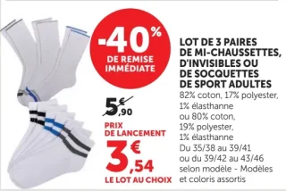 Lot de 3 paires de mi-chaussettes, d'invisibles ou de socquettes de sport adultes U essentiel